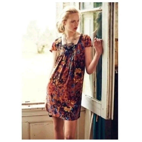 Anthropologie MAEVE Pintura 100% Silk Shift Dress Size XS Floral Short Sleeve - Picture 2 of 9